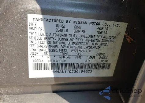 2002 Nissan Altima 2.5 Sl from USA, damaged, VIN 1N4AL11D22C194623